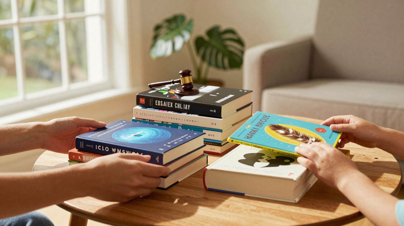 Mesa de madeira com pilhas de livros e duas pessoas segurando livros, com sofá ao fundo.