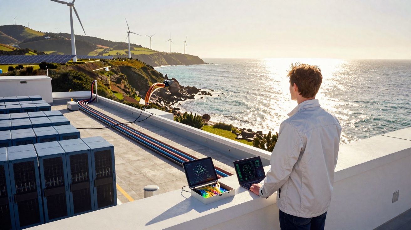 Homem observa turbinas eólicas à beira-mar, com equipamento tecnológico em estrutura moderna.