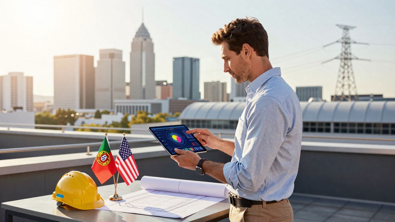 Homem com tablet e plantas em mesa na cobertura com capacete e bandeiras de Portugal e EUA.
