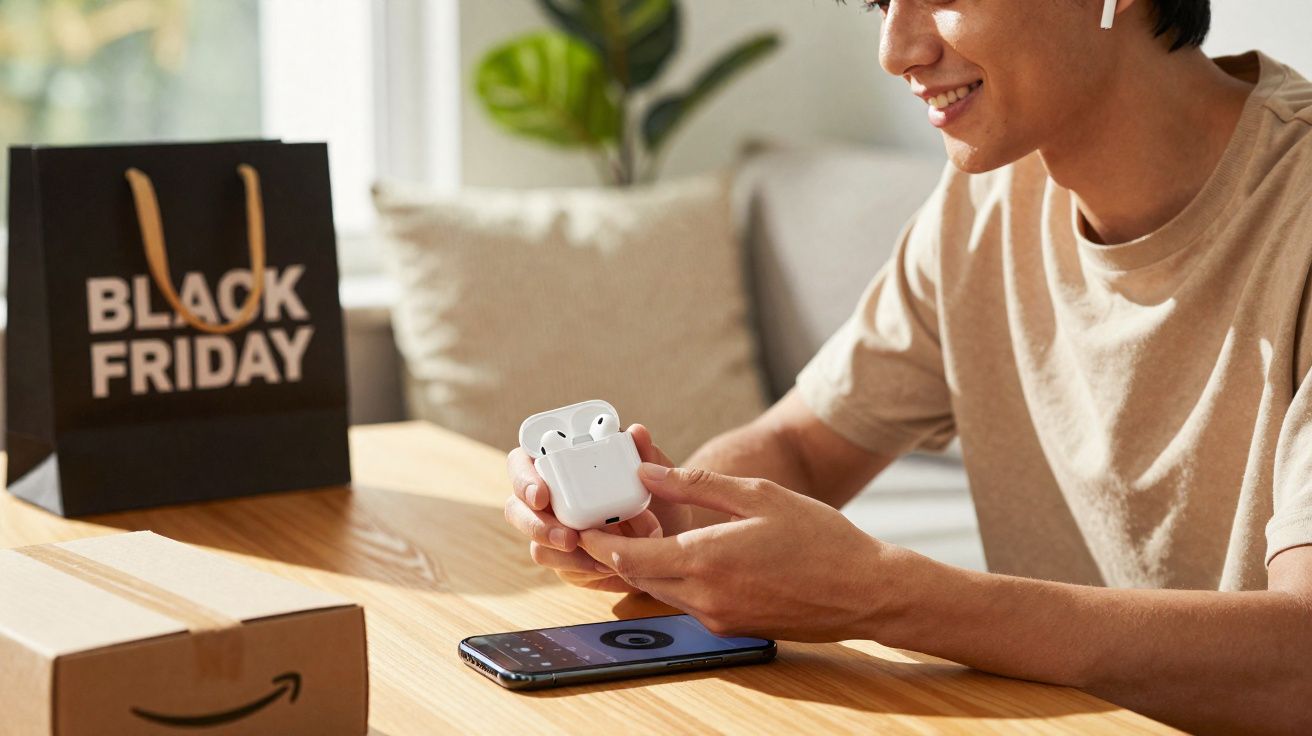 Jovem sorridente segurando fones de ouvido sem fio ao lado de sacola Black Friday e caixa da Amazon.