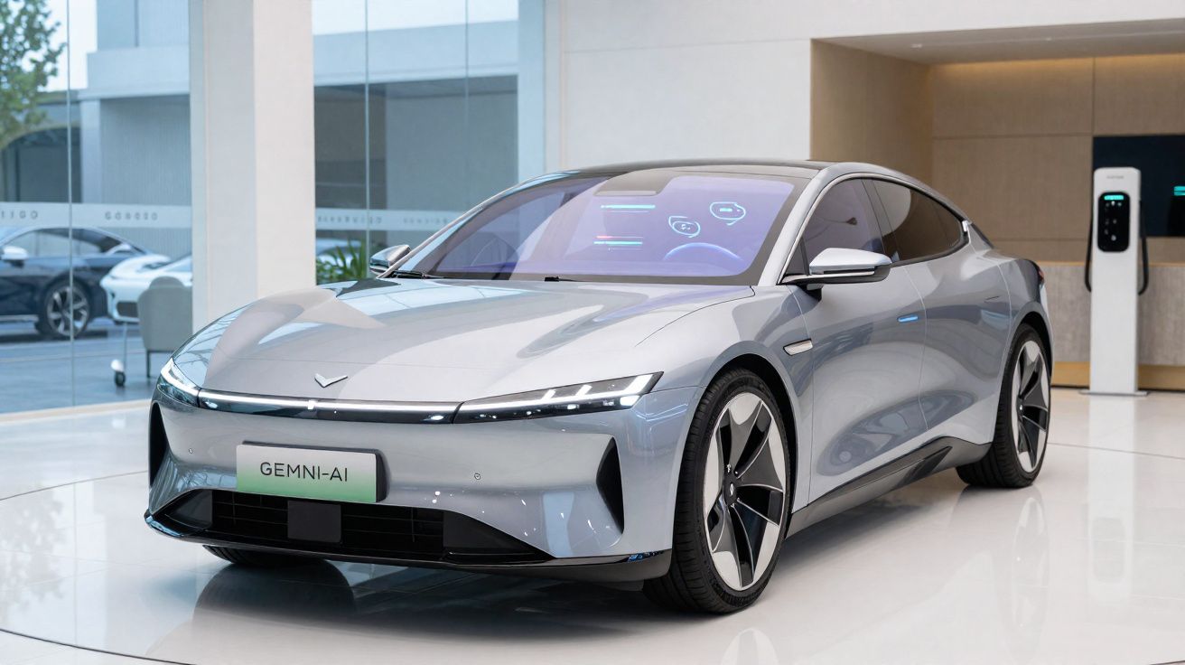 Carro elétrico esportivo cinza prata estacionado em showroom moderno com carregador ao fundo.