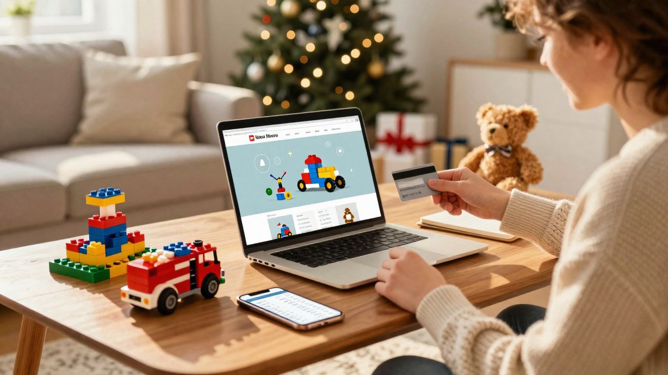 Mulher faz compras online de brinquedos de montar com cartão de crédito em mesa decorada para Natal.