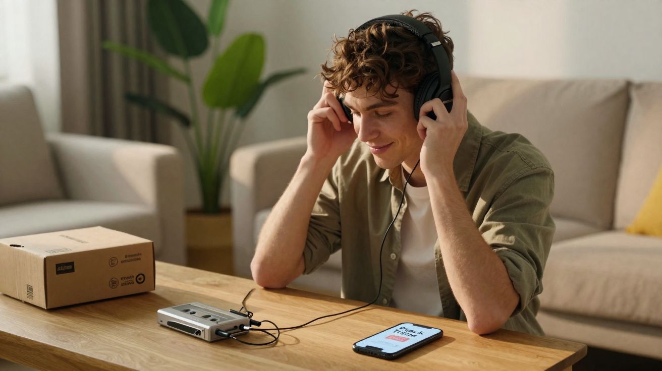 Jovem usando fones de ouvido ouvindo áudio de gravador cassete ligado a celular em sala de estar.