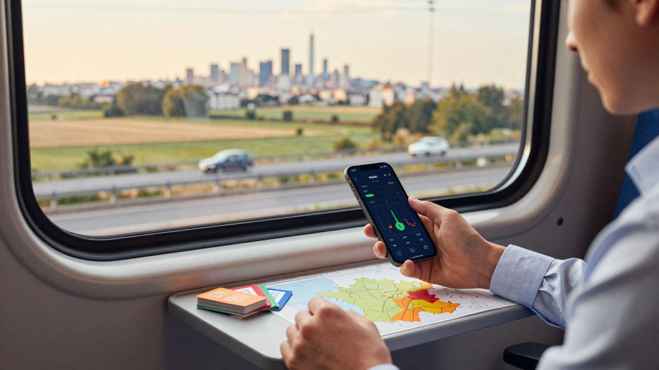 Pessoa segurando celular com gráficos, com mapa e cartões sobre mesa em trem, vista panorâmica da cidade ao fundo.