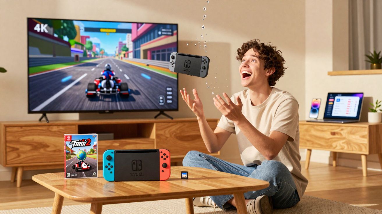 Jovem sorridente joga videogame Nintendo Switch com jogo de corrida na TV em sala de estar moderna.