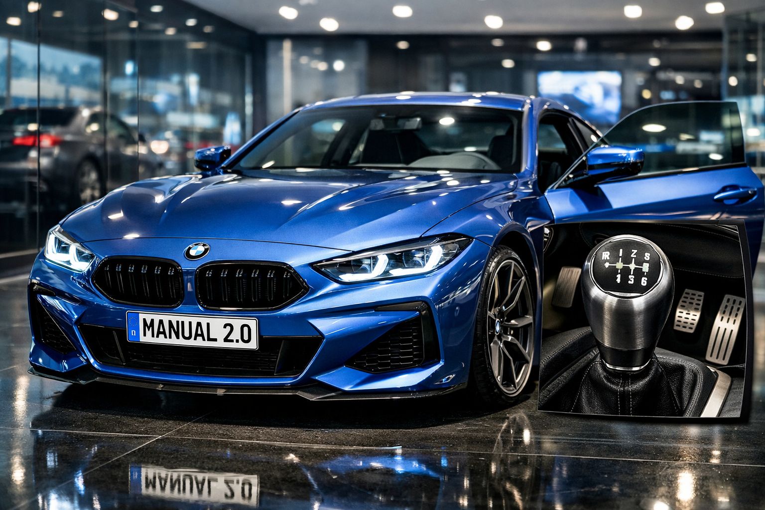 Carro azul BMW em showroom com destaque para alavanca de câmbio manual de seis marchas.