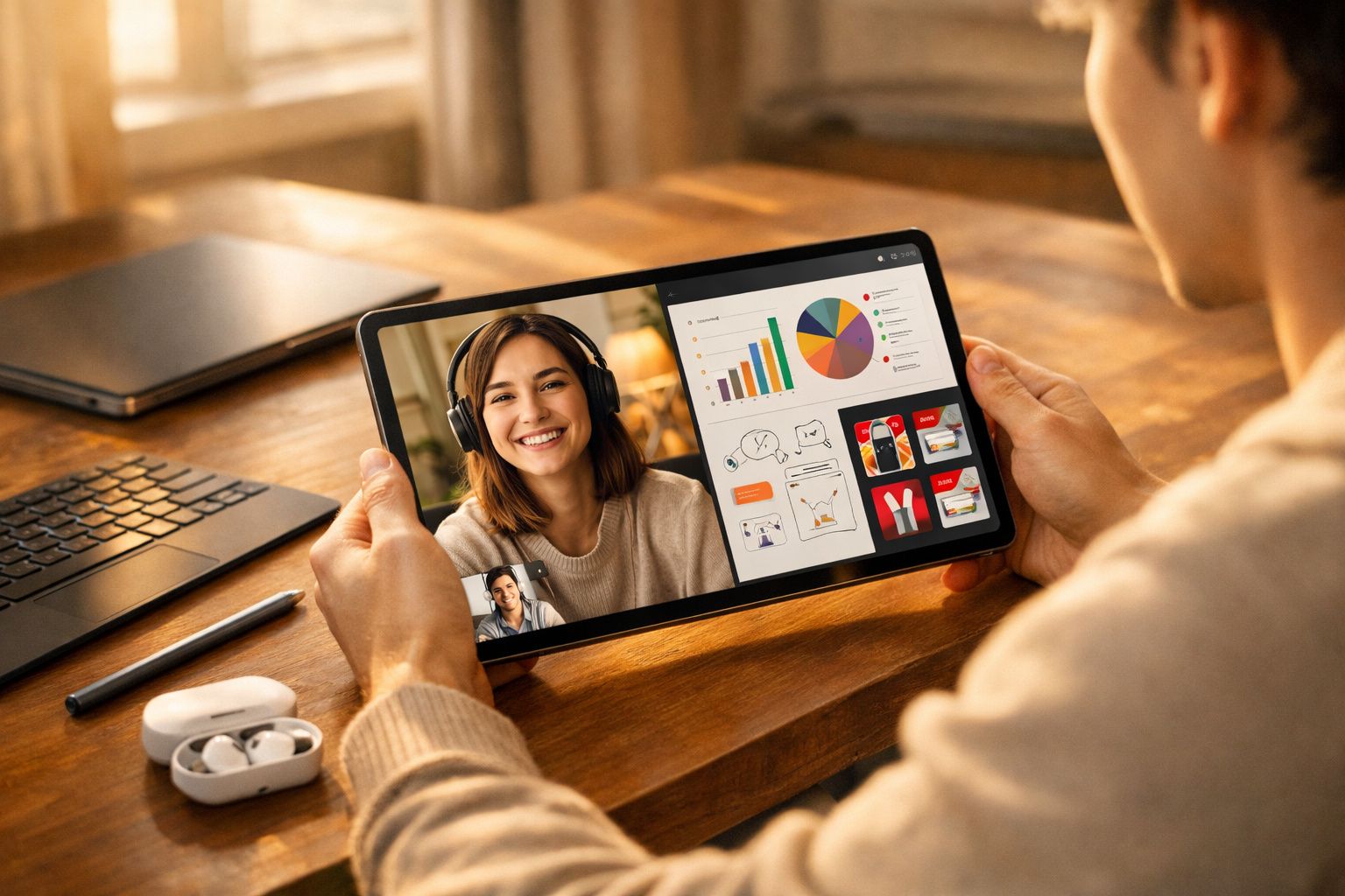 Pessoa segurando tablet com videoconferência e gráficos em ambiente de trabalho com teclado e fones.