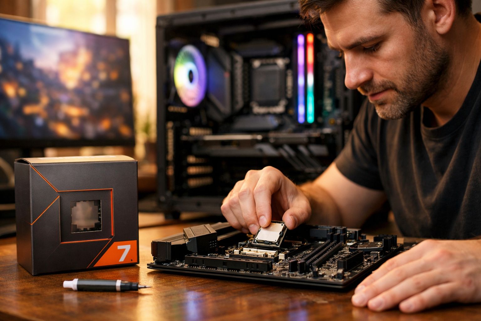 Homem instalando processador em placa-mãe com caixa de CPU Ryzen 7 e computador aberto ao fundo.