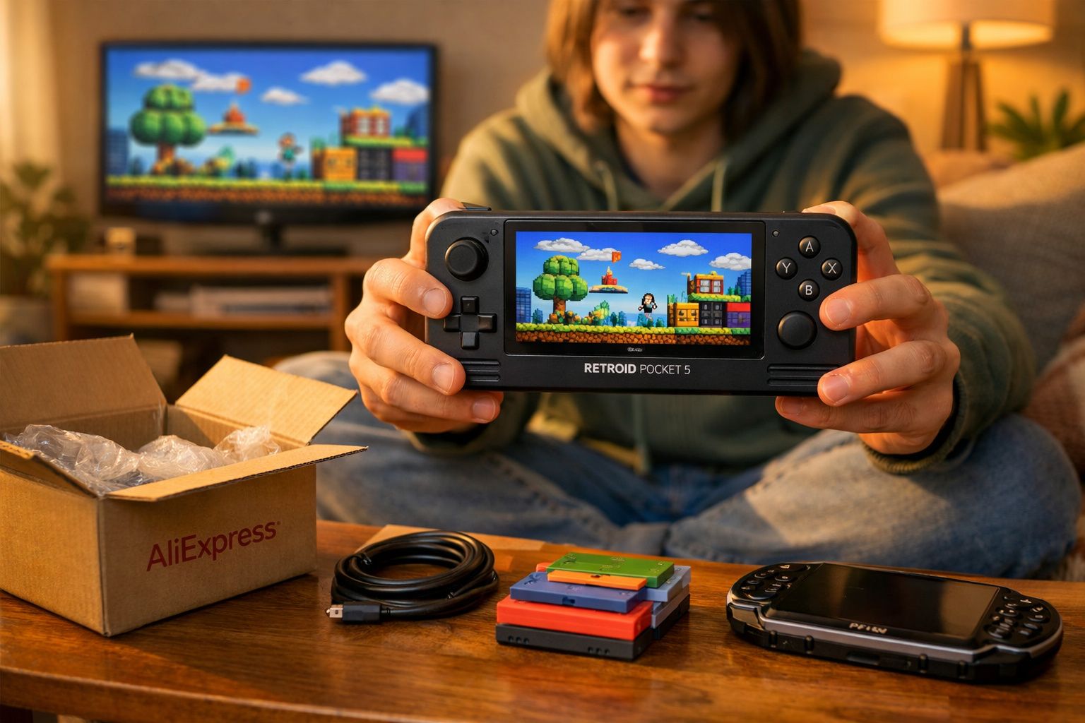 Pessoa segurando console portátil Retroid Pocket 5 com jogo pixel art em exibição, à frente de uma TV ligada.