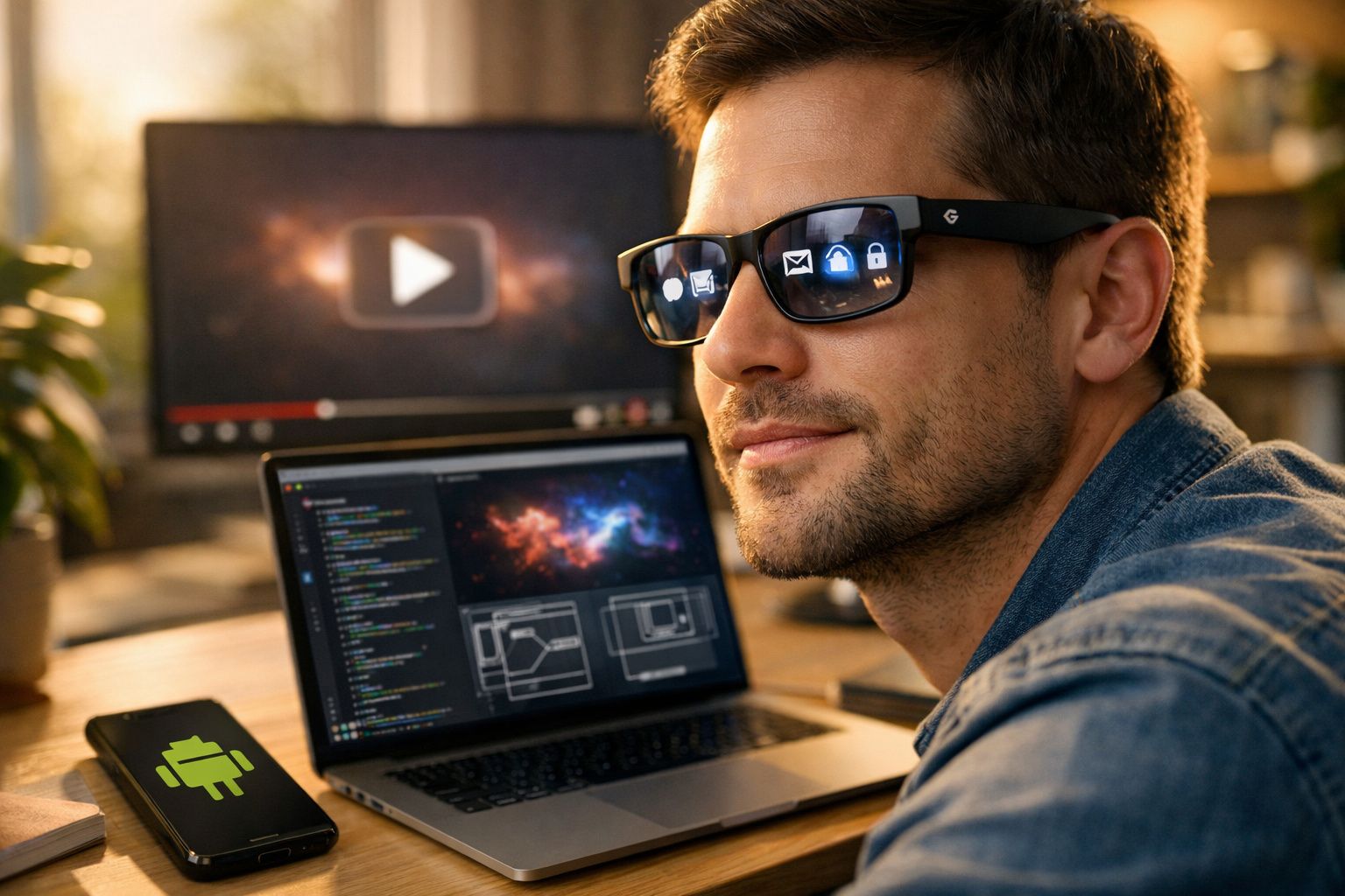 Homem usando óculos com ícones digitais refletidos, em frente a laptop com código aberto e vídeo ao fundo.