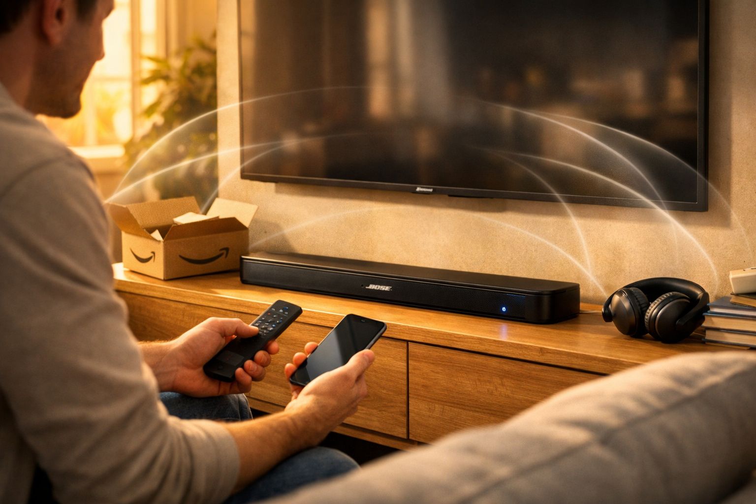 Pessoa controla soundbar Bose com controle remoto e celular em sala com TV e fones de ouvido.