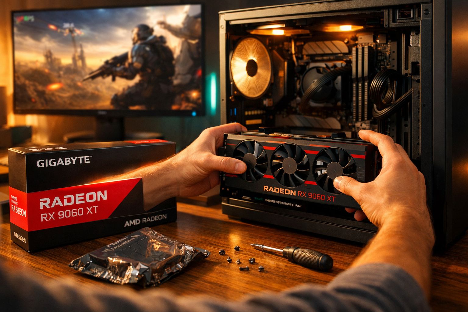 Pessoa instalando placa de vídeo Radeon RX 9060 XT em gabinete de PC com monitor e caixa da placa ao lado.