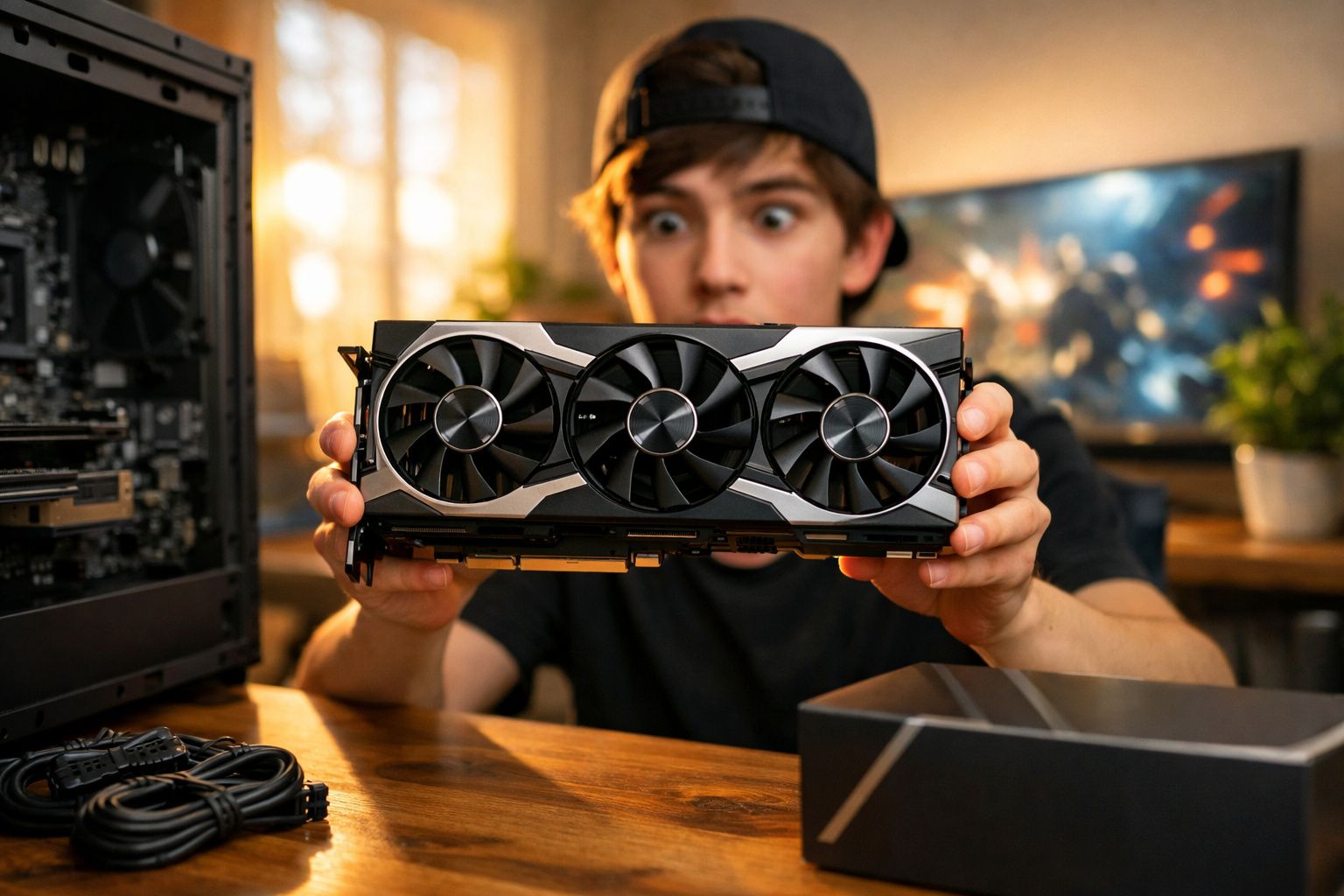 Jovem segurando placa de vídeo com três ventoinhas em ambiente interno iluminado.