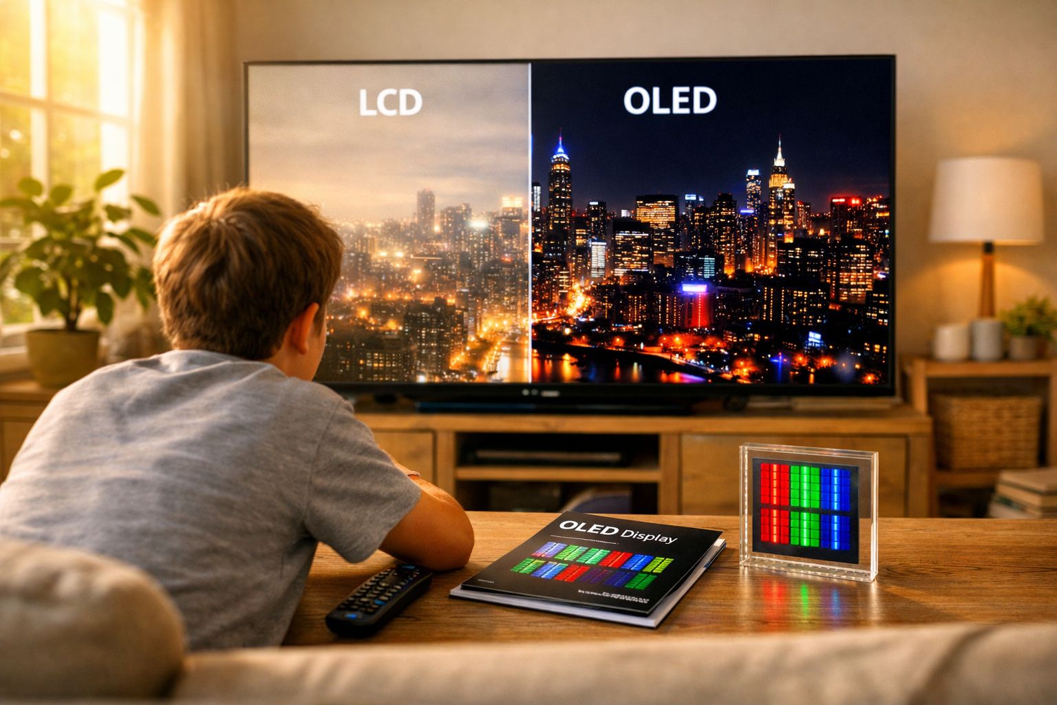 Criança assistindo TV com comparação de qualidade de imagem entre telas LCD e OLED exibindo cidade à noite.