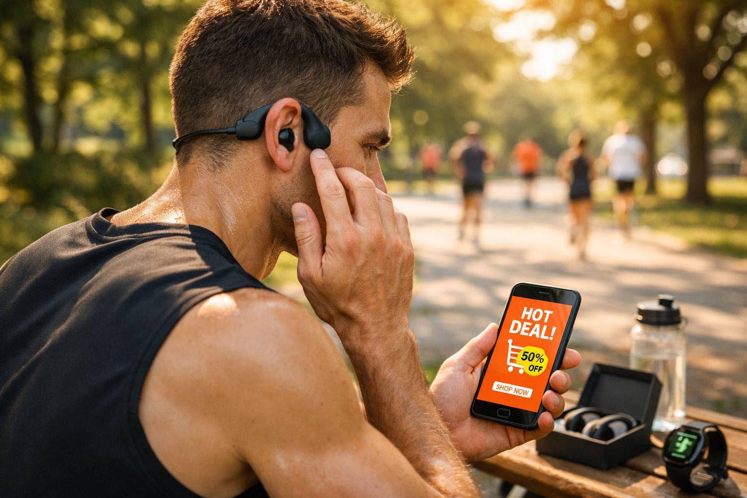 Homem com fones esportivos ajustando ouvido e segurando celular com oferta de 50% off em parque.