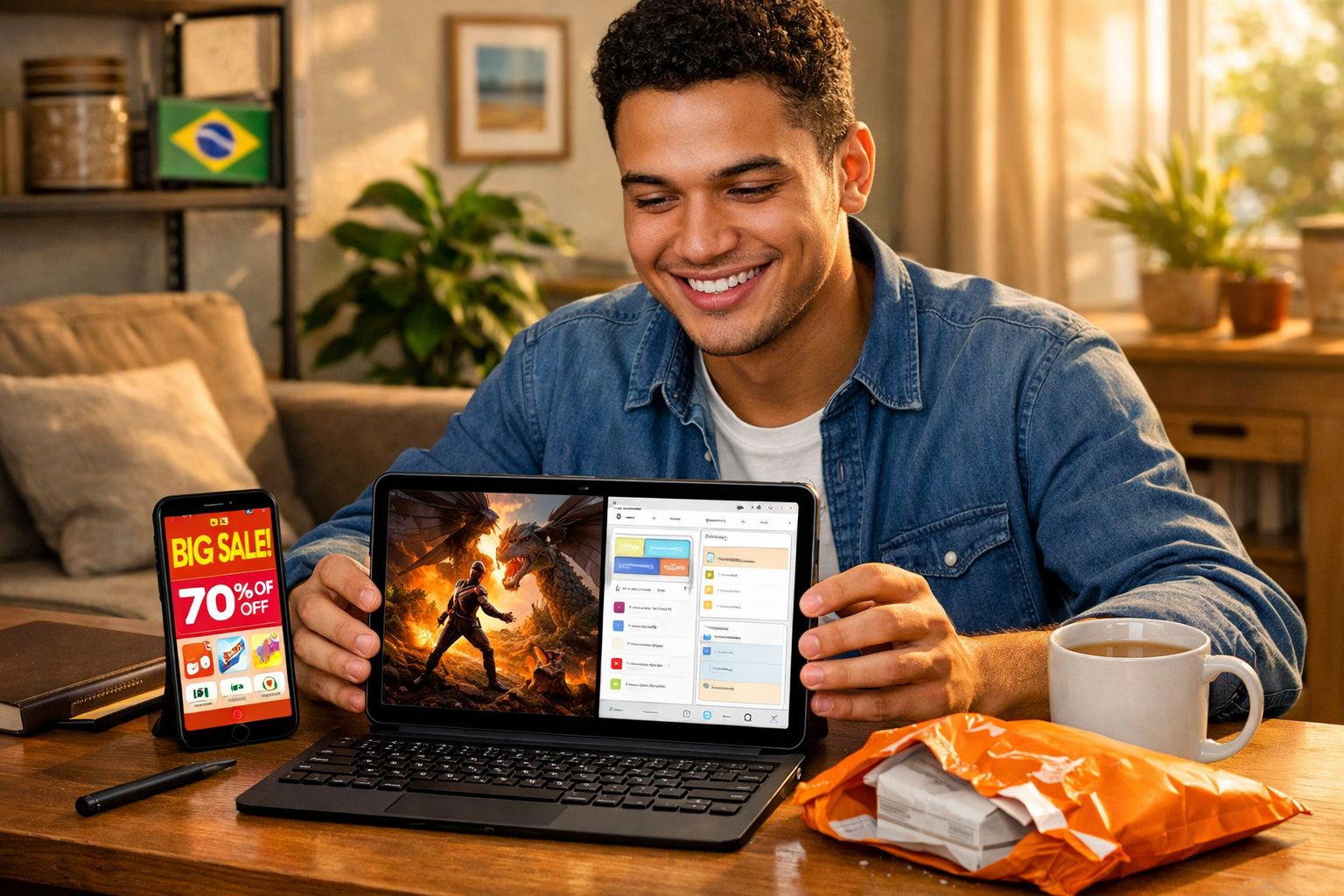 Homem sorrindo mostra notebook com jogo e grade de arquivos, celular exibe promoção de 70% de desconto.