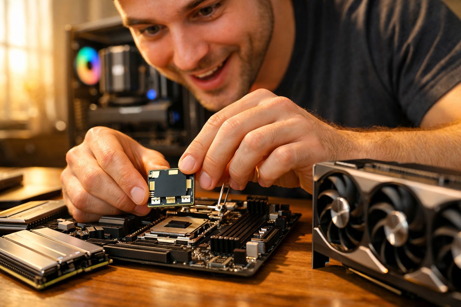 Homem sorridente instala chip em placa-mãe de computador em ambiente iluminado por luz natural.