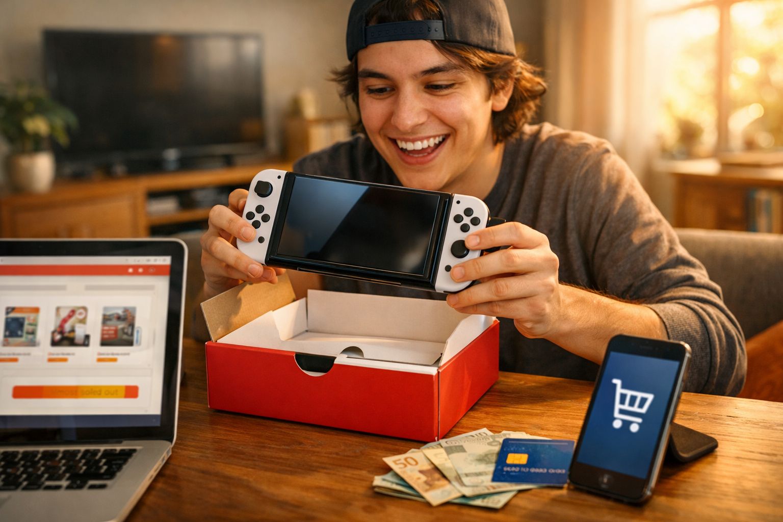 Jovem feliz segurando console de videogame recém comprado com caixa, laptop e celular com carrinho de compras.