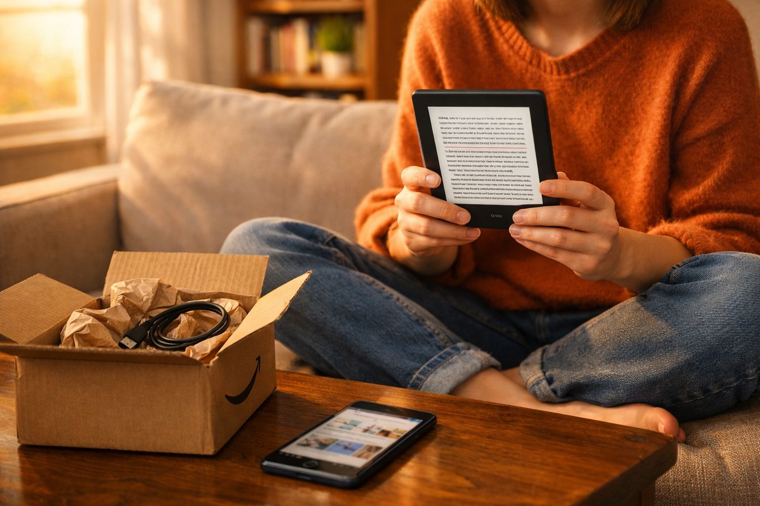 Pessoa sentada no sofá lendo em um leitor digital após abrir caixa da Amazon.