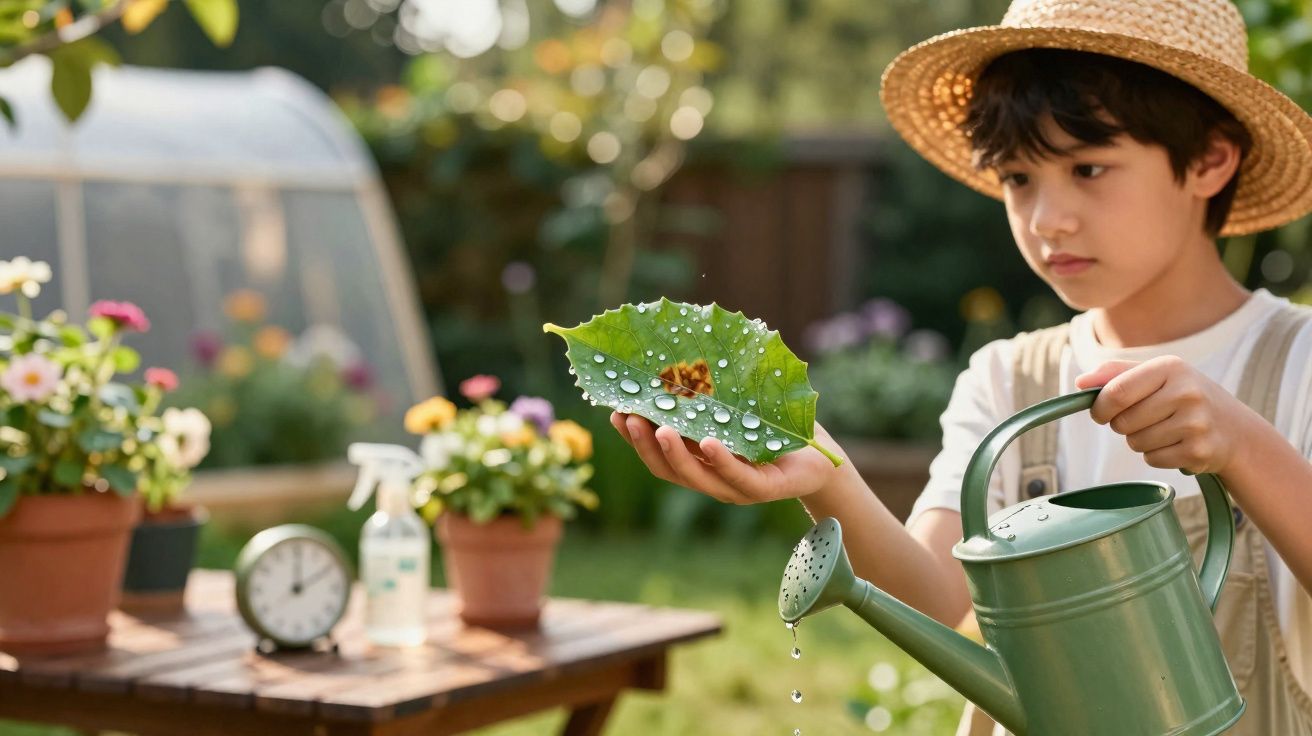 Criança com chapéu regando uma planta e segurando folha verde com gotas de água em jardim ensolarado.