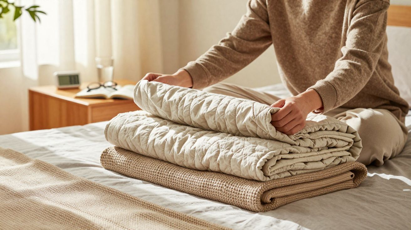 Pessoa dobrando cobertor bege claro sobre cama arrumada em quarto iluminado pela manhã.
