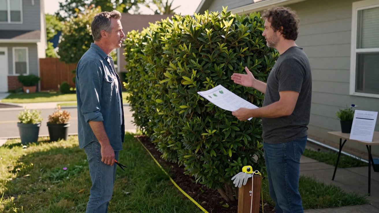 Dois homens conversando no jardim ao lado de uma casa, um segurando papéis e o outro com caneta na mão.