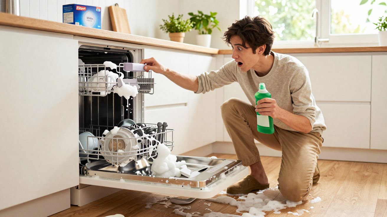 Homem surpresa limpa espuma transbordando de lava-louças na cozinha moderna com produto de limpeza.
