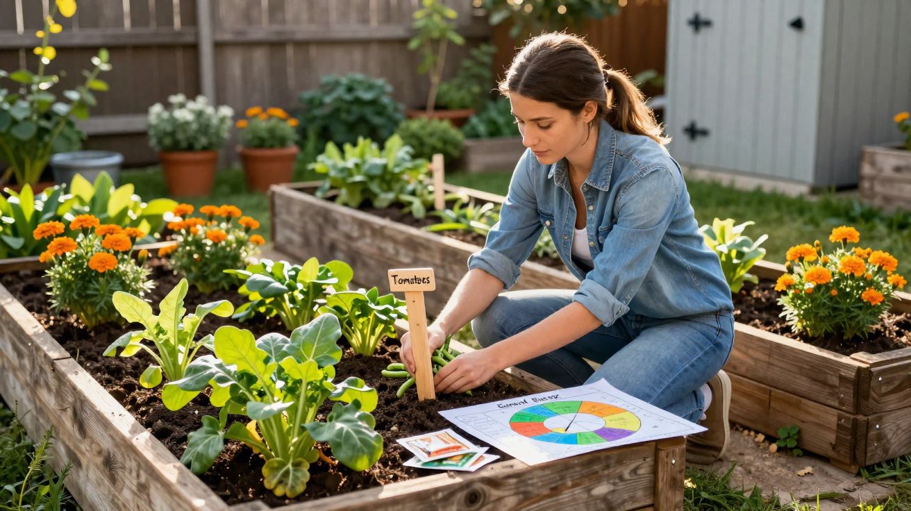 Mulher cuidando de horta em canteiro elevado com plantas e flores em jardim ensolarado.