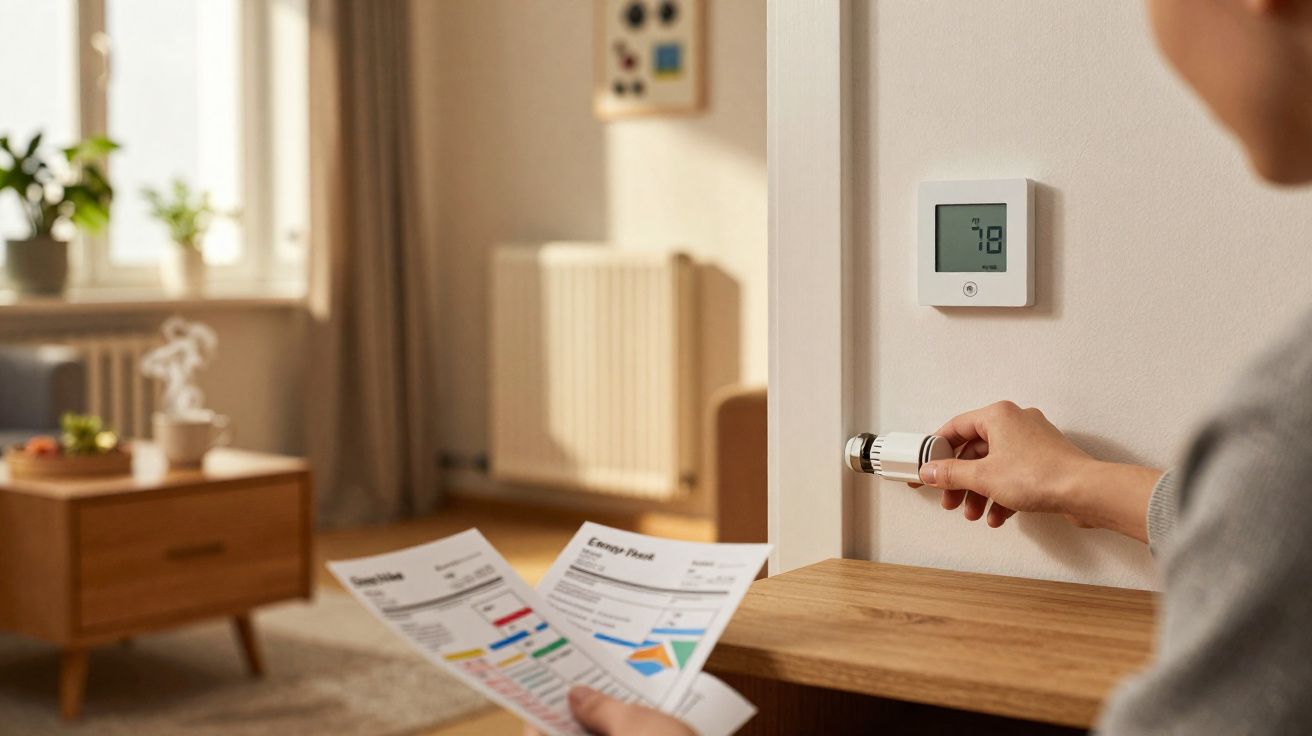 Pessoa ajusta termostato de aquecimento residencial segurando contas de energia em ambiente interno.