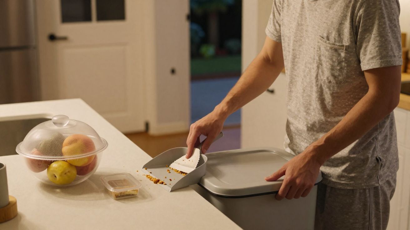 Pessoa limpando migalhas na pia da cozinha com uma pequena pá e lixeira à mão.