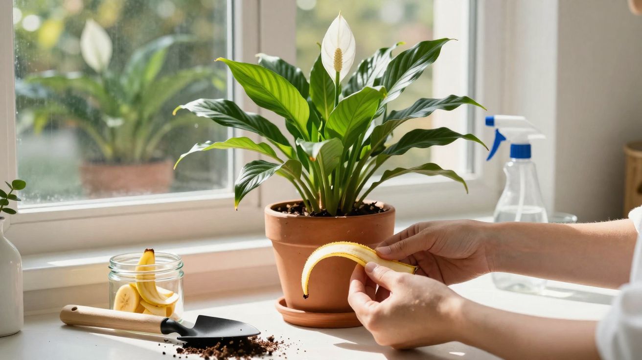 Pessoa descascando banana em cozinha com planta em vaso, ferramenta de jardim e borrifador na janela.