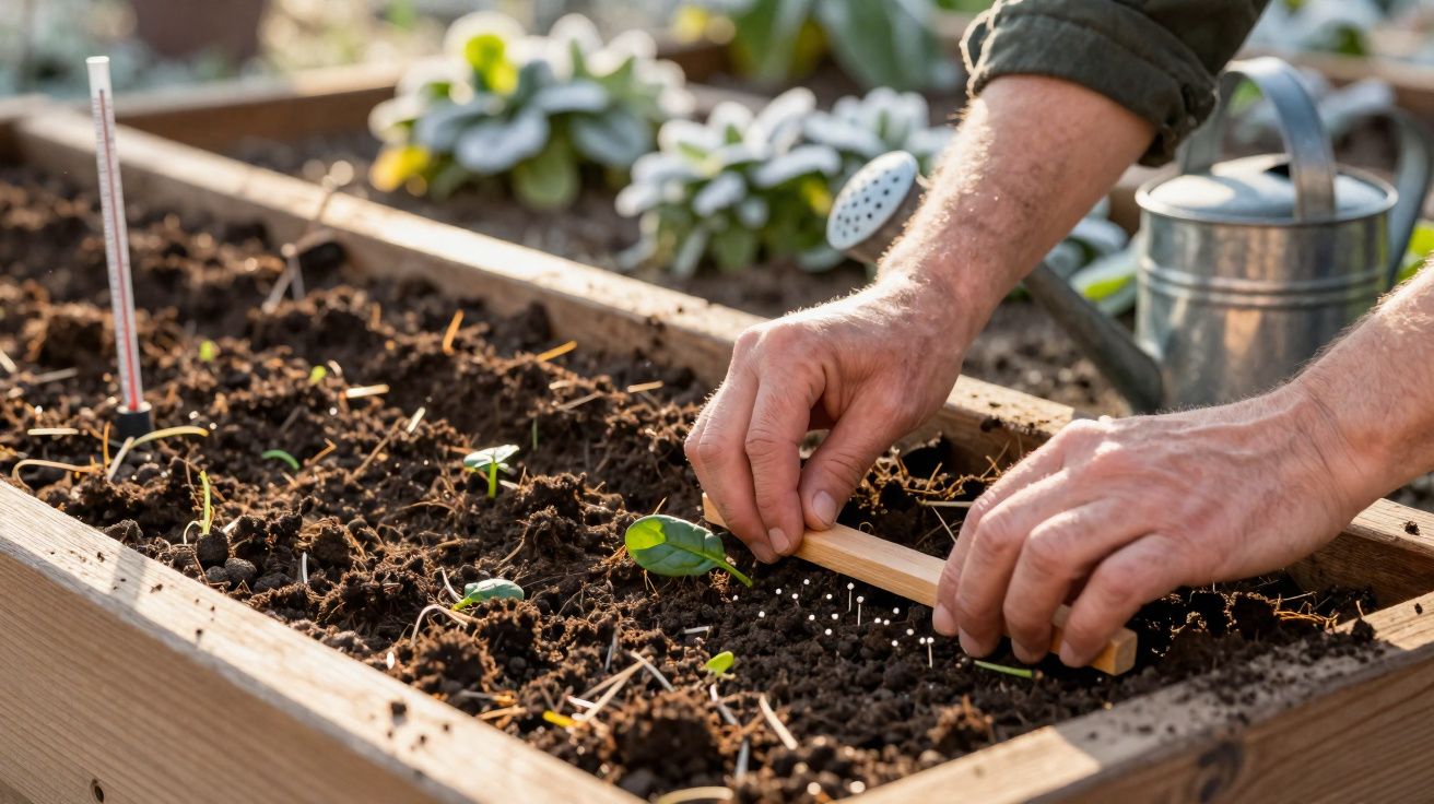 Mãos plantando mudas em canteiro de madeira com regador e termômetro ao fundo.