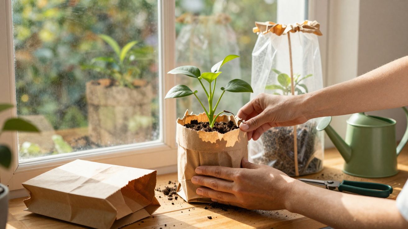 Mãos transplantando muda para saco de papel sobre mesa perto de janela com regador e tesoura ao fundo.
