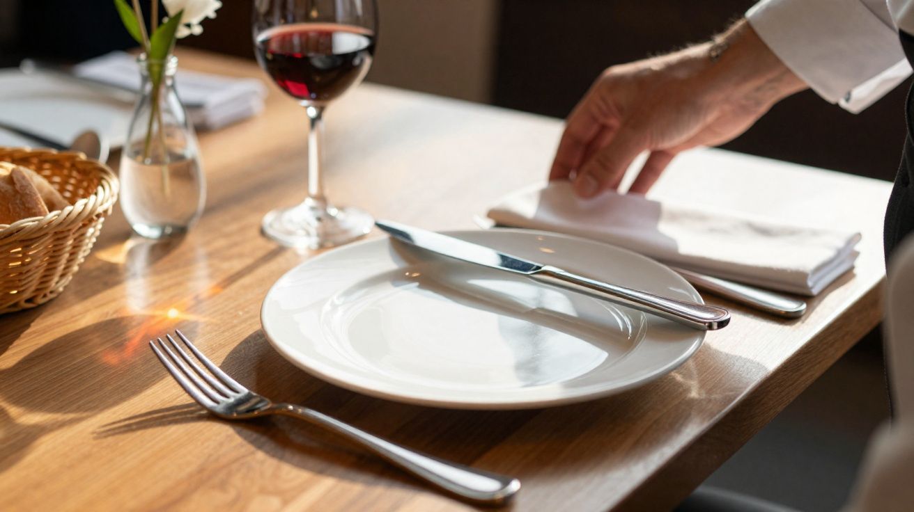 Mesa posta com prato, talheres, taça de vinho tinto e cesta de pães, enquanto uma pessoa ajusta um guardanapo.
