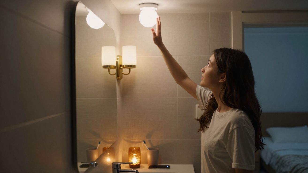 Mulher acendendo uma luz no banheiro com espelho e decoração minimalista à noite.
