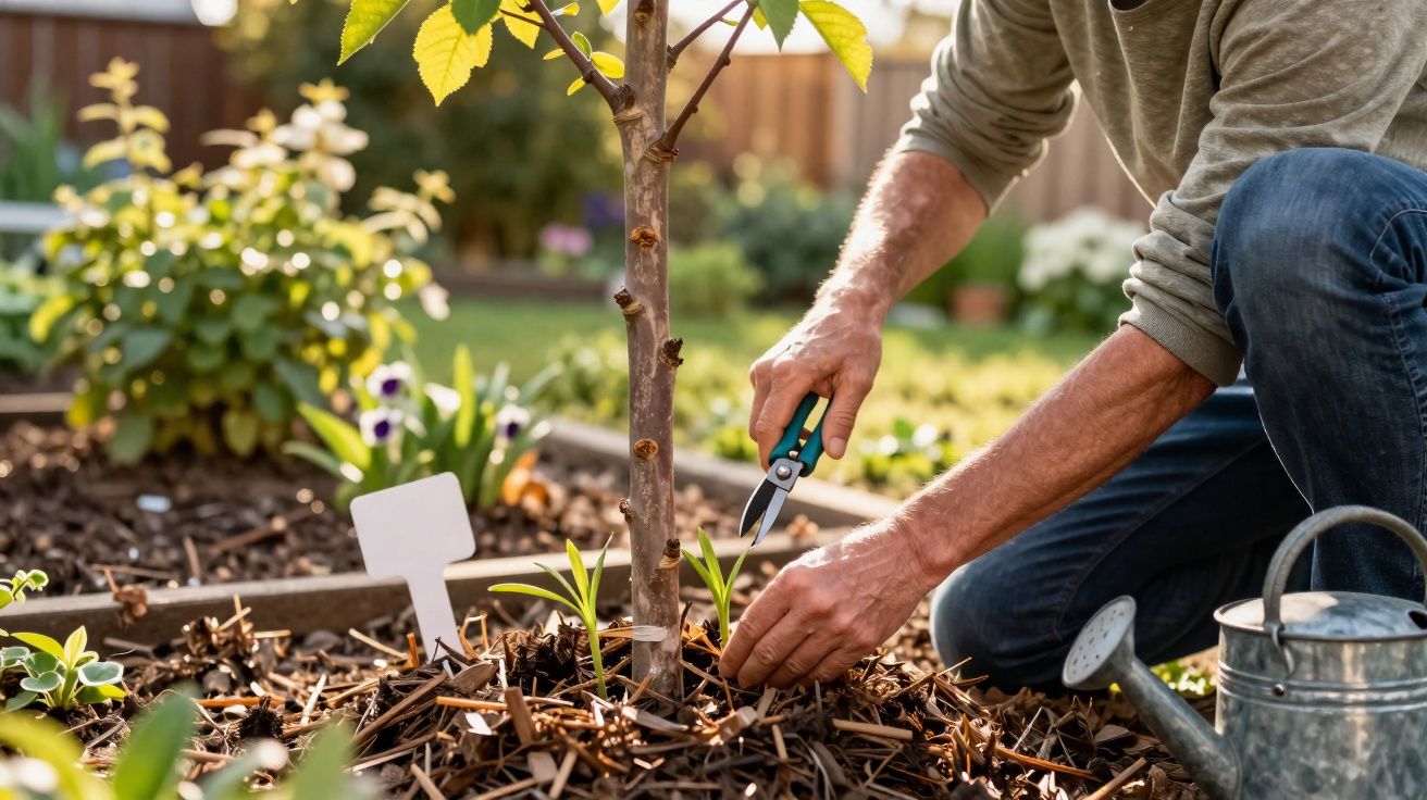 Pessoa cuidando de plantas no jardim com tesoura de poda e regador ao lado.