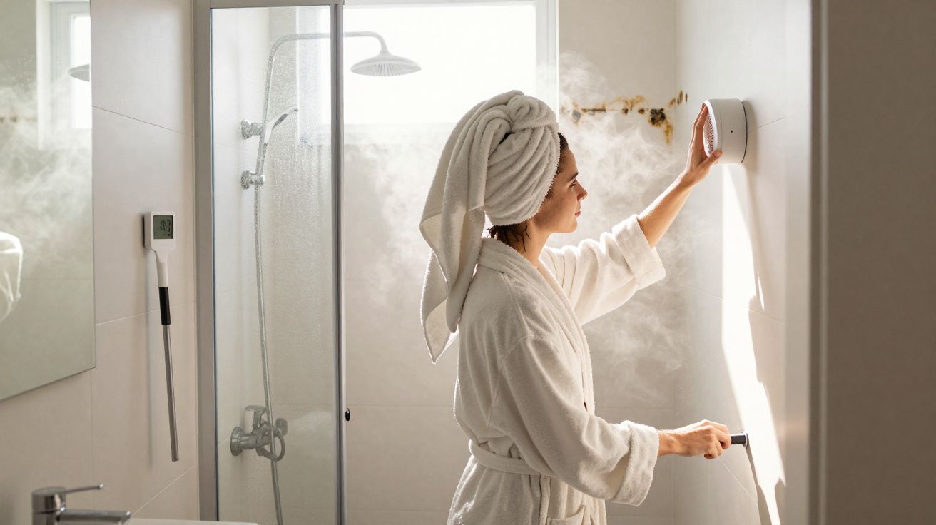Mulher com toalha na cabeça ajusta um desumidificador em banheiro com vapor no ar.