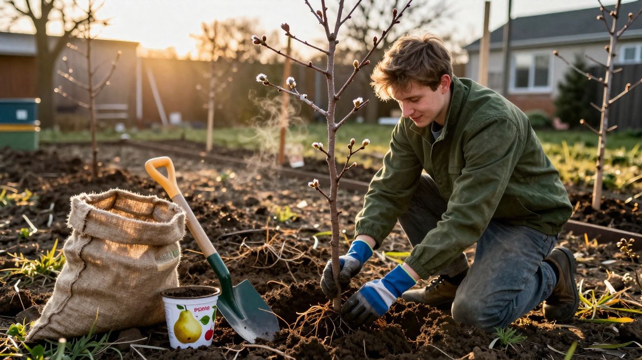 Jovem plantando árvore em solo agrícola ao entardecer, com pá e saco de terra ao lado.