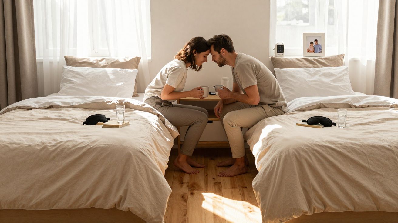 Casal sentado entre duas camas em um quarto claro, encostando as testas e segurando canecas.