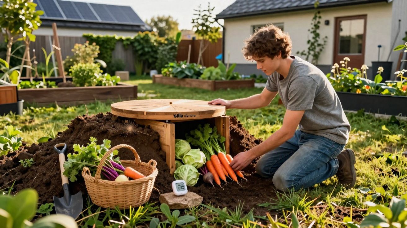 Jovem guarda cenouras frescas em silo de terra no jardim com vegetais e cesta ao lado.