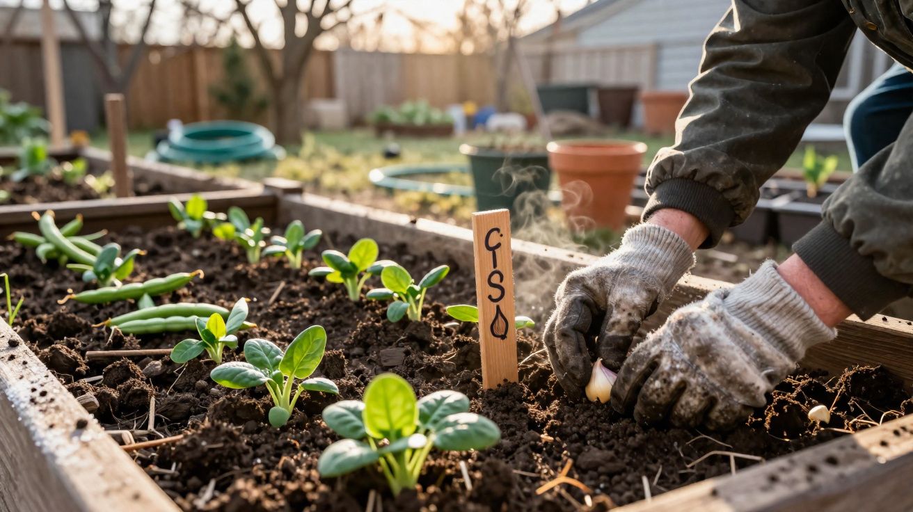 Mãos com luvas plantando dentes de alho em canteiro de jardim com mudas e etiqueta de cisó.