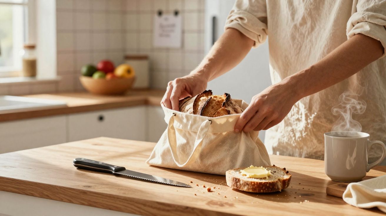 Pessoa guardando pão em saco reutilizável sobre bancada com fatia de pão e xícara de café fumegante.