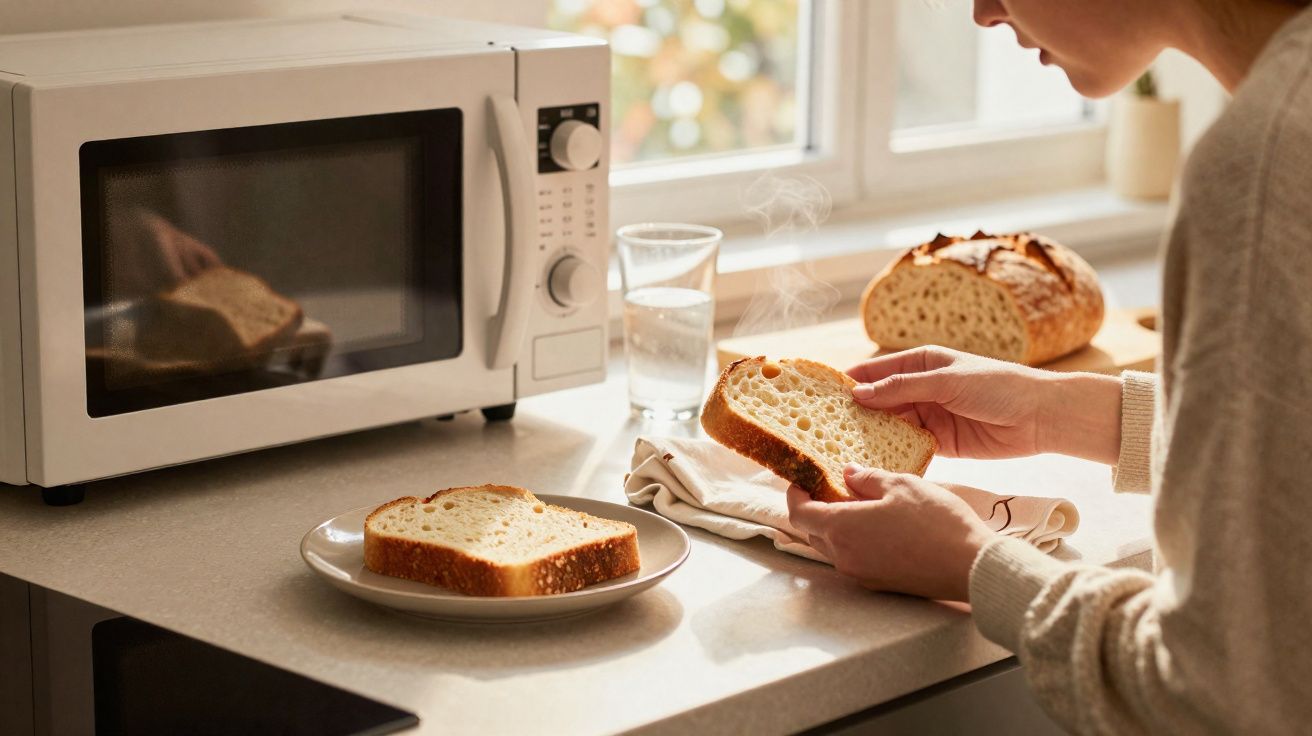 Pessoa segurando fatia de pão fresco perto de micro-ondas em cozinha iluminada por luz natural.