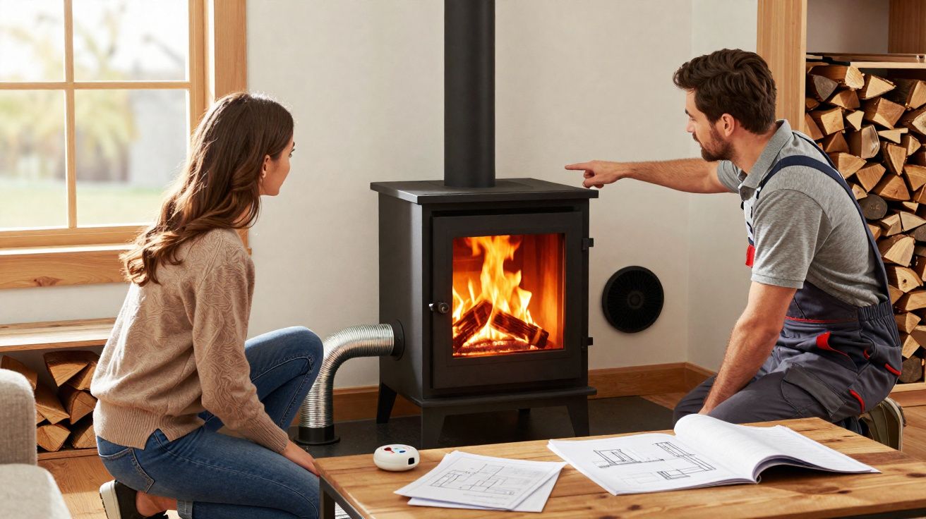 Homem em macacão explicando funcionamento de fogão a lenha para mulher sentada no chão.