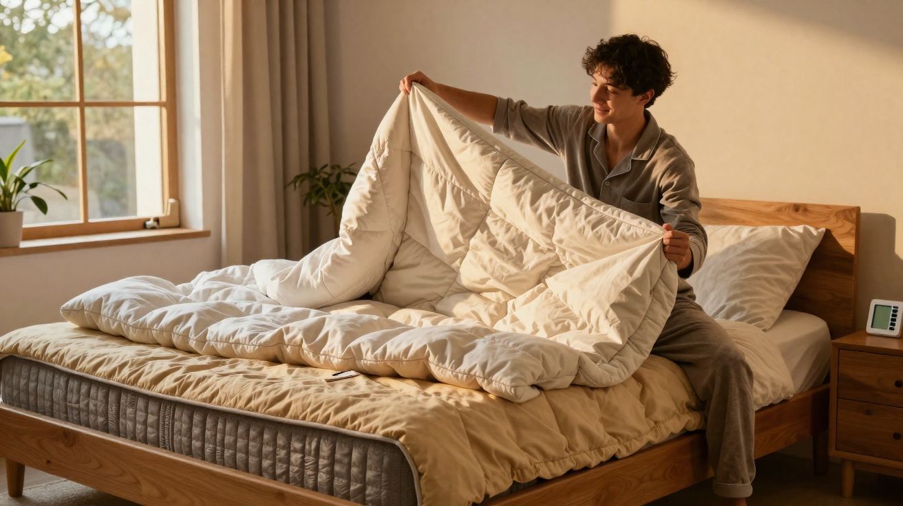 Pessoa sentada na cama ajeitando o edredom em quarto iluminado pela luz natural da janela