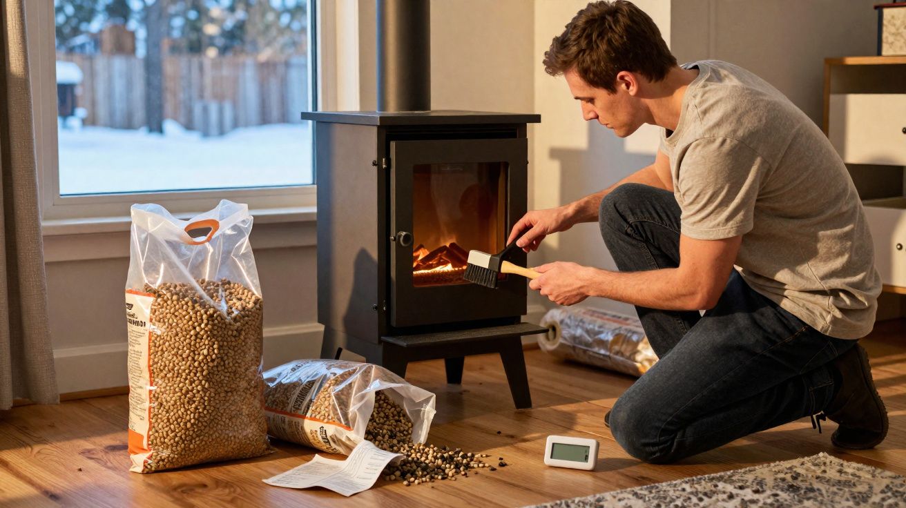 Homem acendendo lareira a lenha em sala com sacos de pellets ao lado e termômetro digital no chão.
