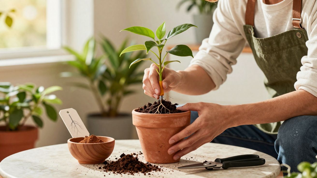 Pessoa transplantando muda em vaso de barro sobre mesa com terra, tesoura e vaso de planta ao fundo.