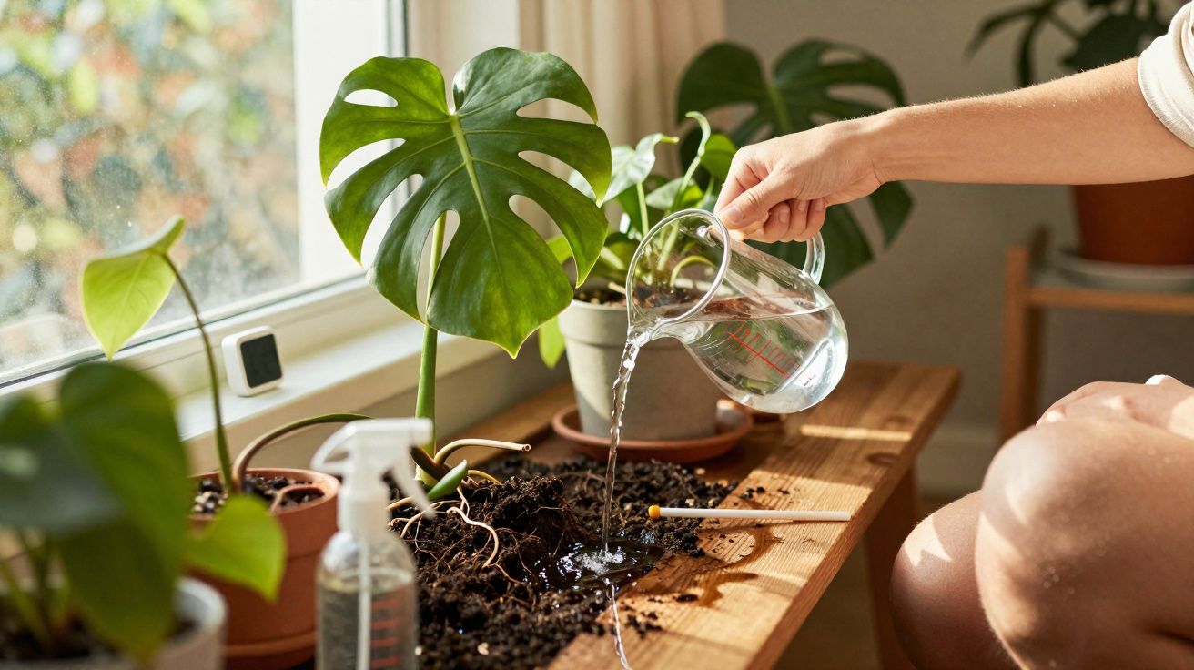 Pessoa regando planta Monstera em vaso sobre mesa próxima a janela iluminada pela luz do dia.
