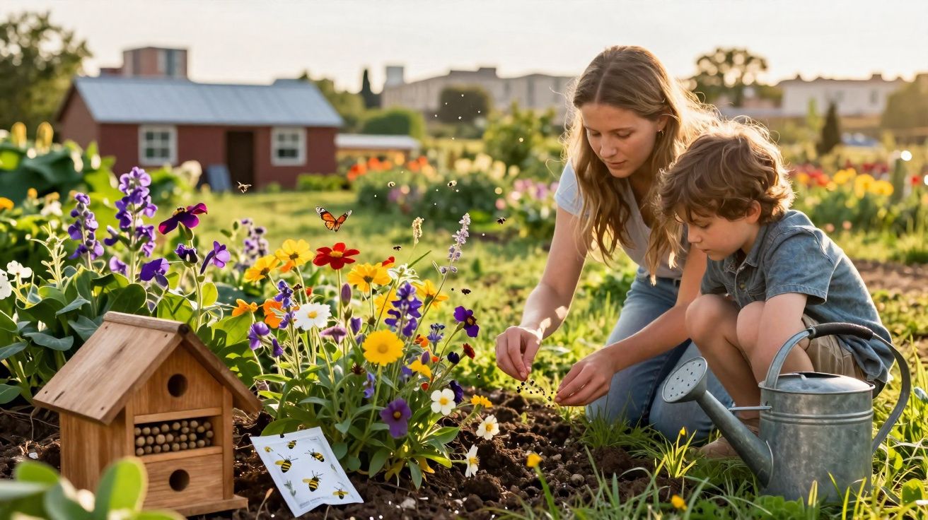 Mulher e menino cuidam de jardim com flores coloridas e regador em área externa ensolarada.