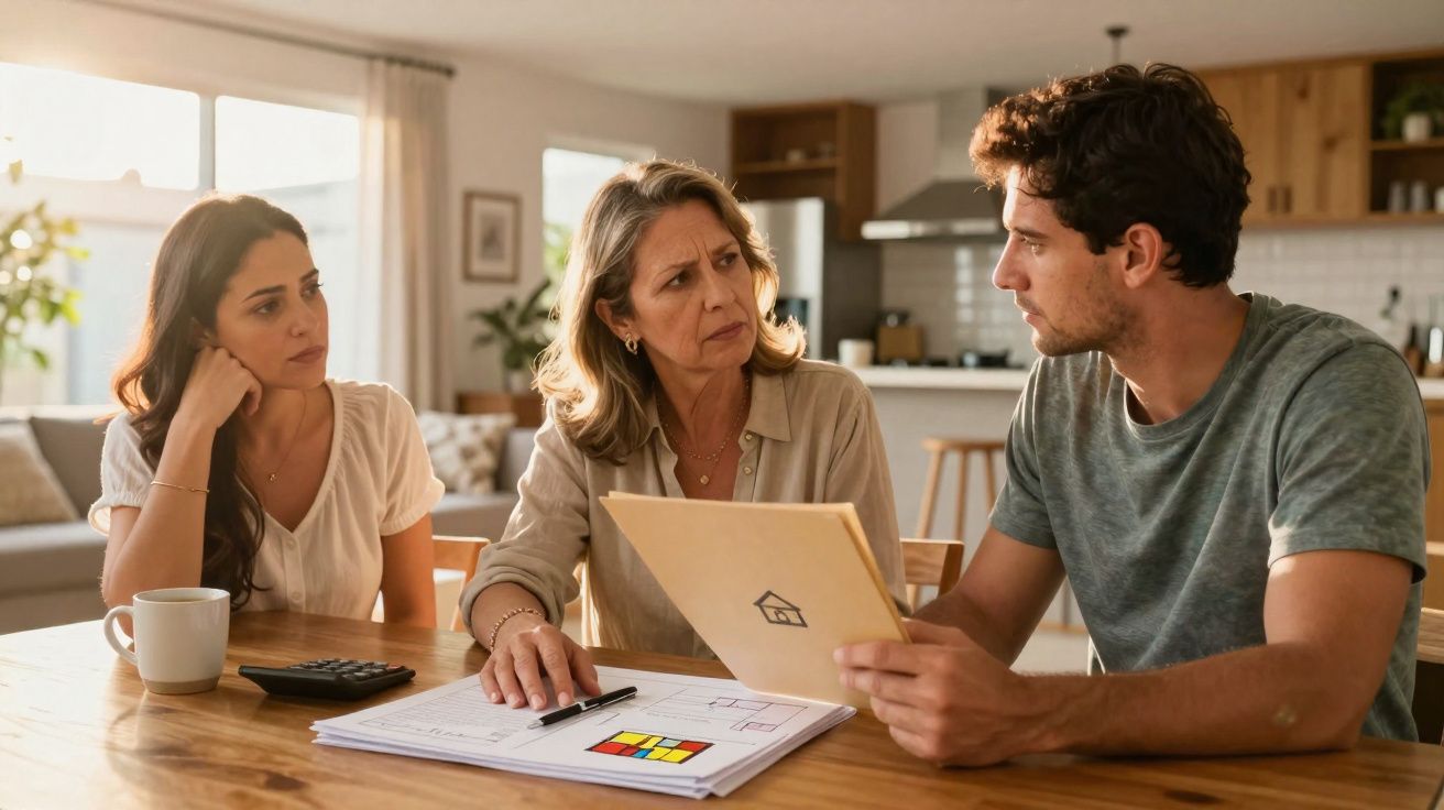 Três adultos discutindo documentos e plantas em uma mesa de madeira em ambiente doméstico.